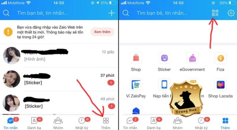 Bước 5: Mở Zalo của chồng bạn lên –> Chọn vào mục quét mã QR CODE